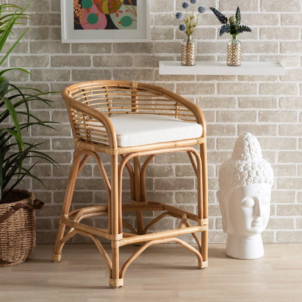 Maverick Modern Bohemian White Fabric Upholstered and Natural Brown Rattan Counter Stool FredCo