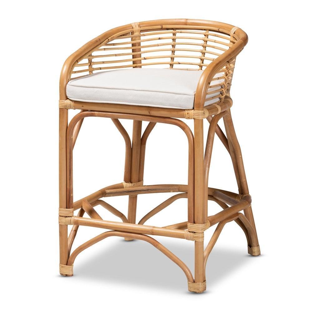 Maverick Modern Bohemian White Fabric Upholstered and Natural Brown Rattan Counter Stool FredCo