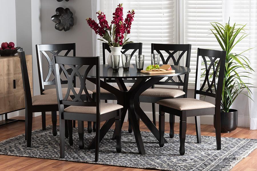 Maya Modern Beige Fabric and Espresso Brown Finished Wood 7-Piece Dining Set FredCo