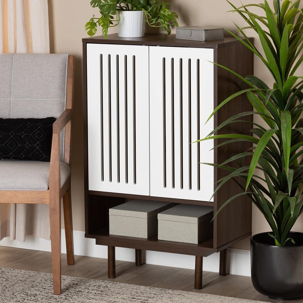Meike Mid-Century Modern Two-Tone Walnut Brown and White Finished Wood 2-Door Shoe Cabinet FredCo