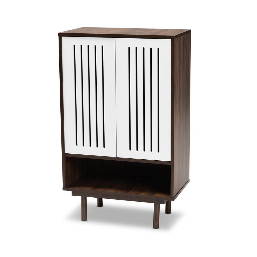 Meike Mid-Century Modern Two-Tone Walnut Brown and White Finished Wood 2-Door Shoe Cabinet FredCo