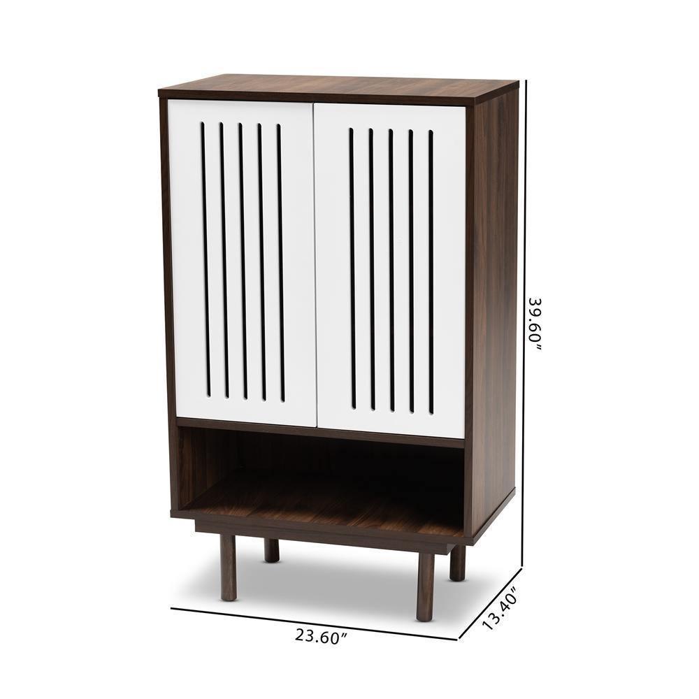 Meike Mid-Century Modern Two-Tone Walnut Brown and White Finished Wood 2-Door Shoe Cabinet FredCo