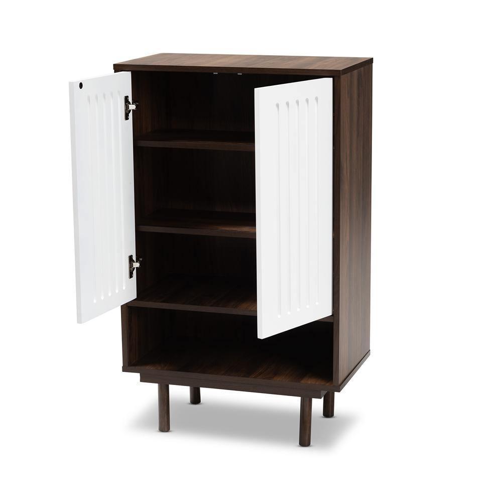 Meike Mid-Century Modern Two-Tone Walnut Brown and White Finished Wood 2-Door Shoe Cabinet FredCo