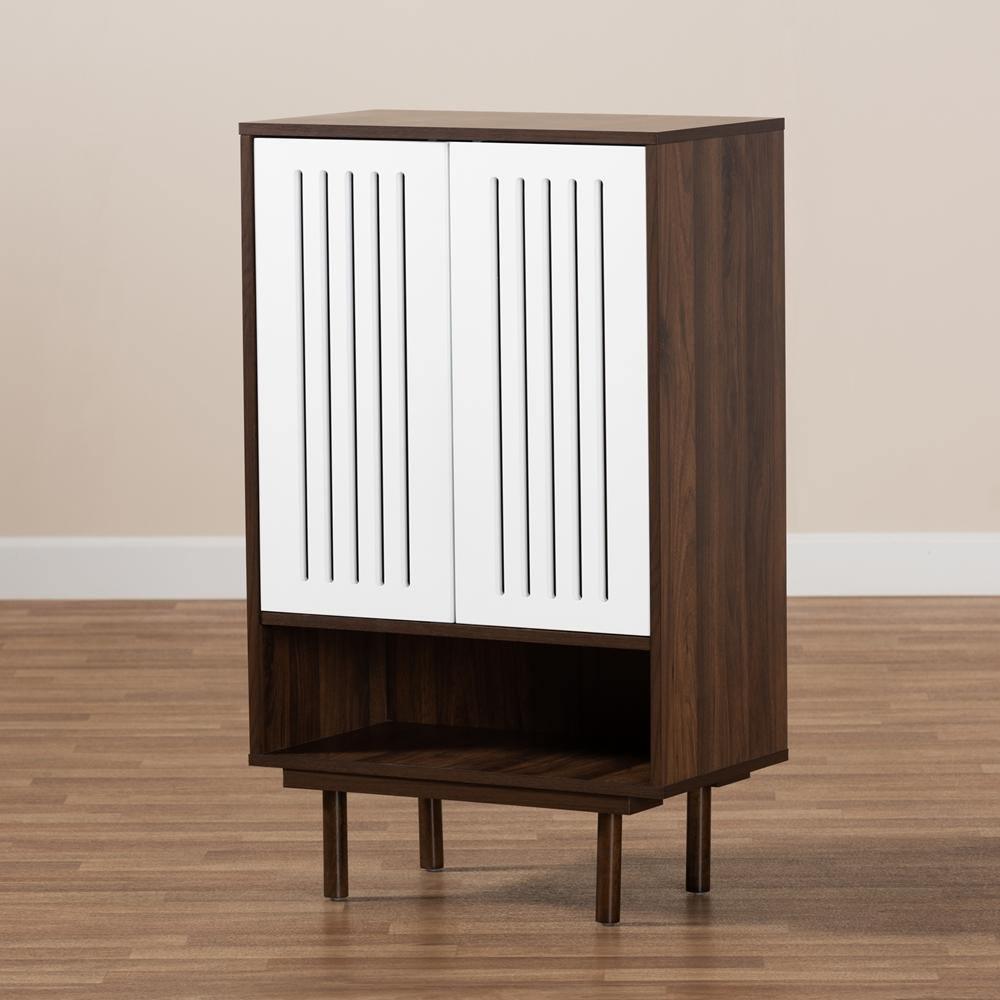 Meike Mid-Century Modern Two-Tone Walnut Brown and White Finished Wood 2-Door Shoe Cabinet FredCo