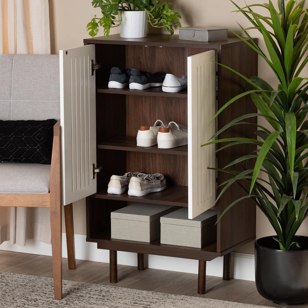 Meike Mid-Century Modern Two-Tone Walnut Brown and White Finished Wood 2-Door Shoe Cabinet FredCo