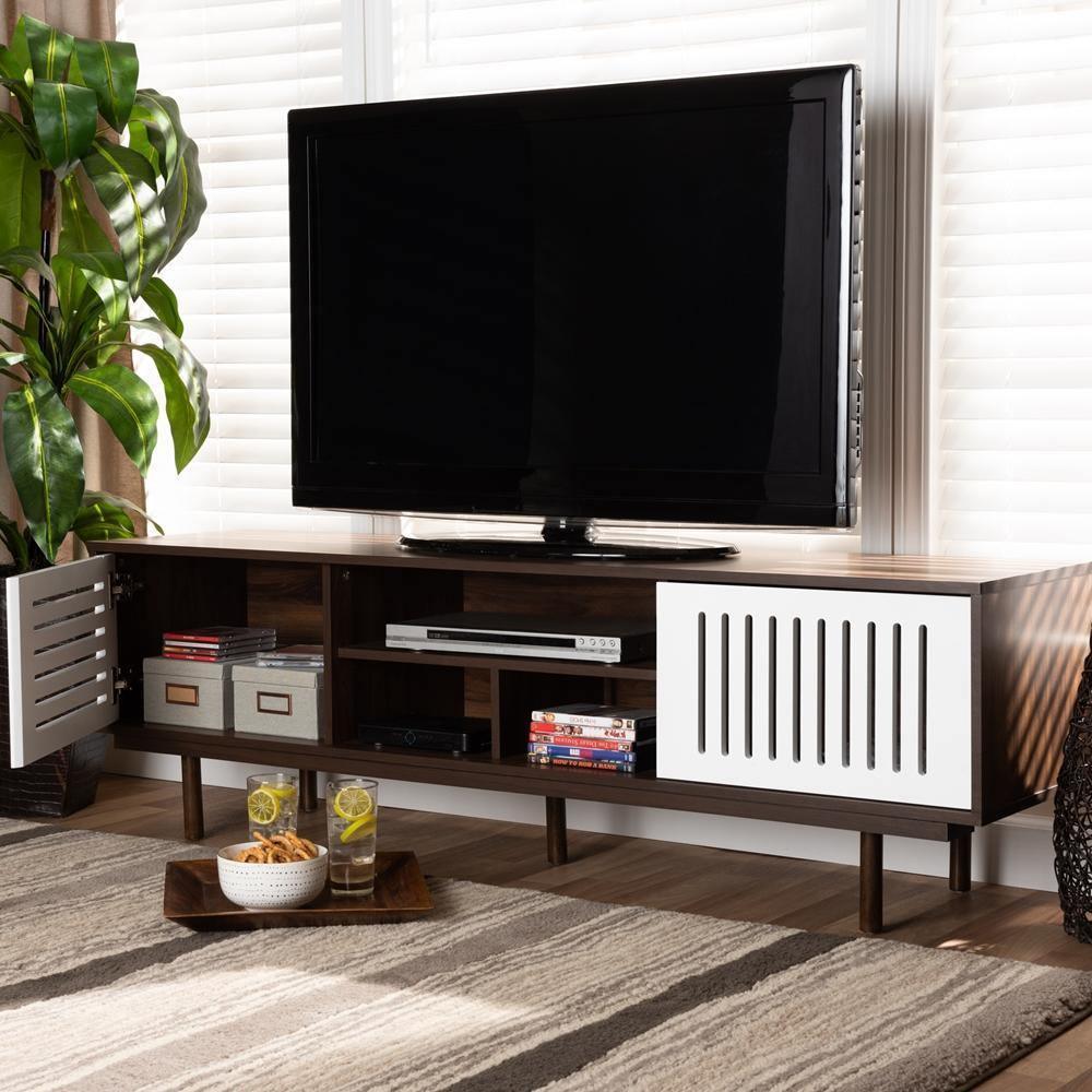 Meike Mid-Century Modern Two-Tone Walnut Brown and White Finished Wood TV Stand FredCo