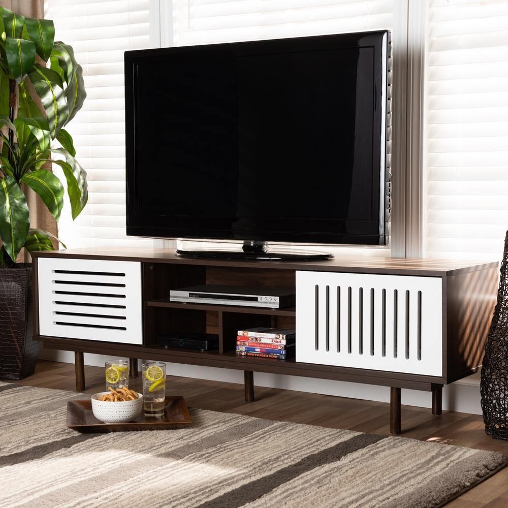 Meike Mid-Century Modern Two-Tone Walnut Brown and White Finished Wood TV Stand FredCo