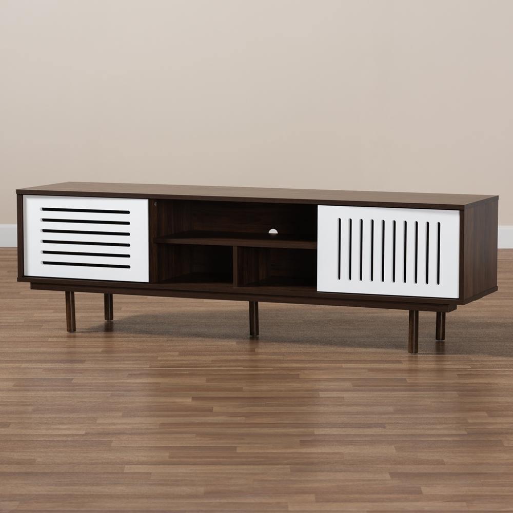Meike Mid-Century Modern Two-Tone Walnut Brown and White Finished Wood TV Stand FredCo