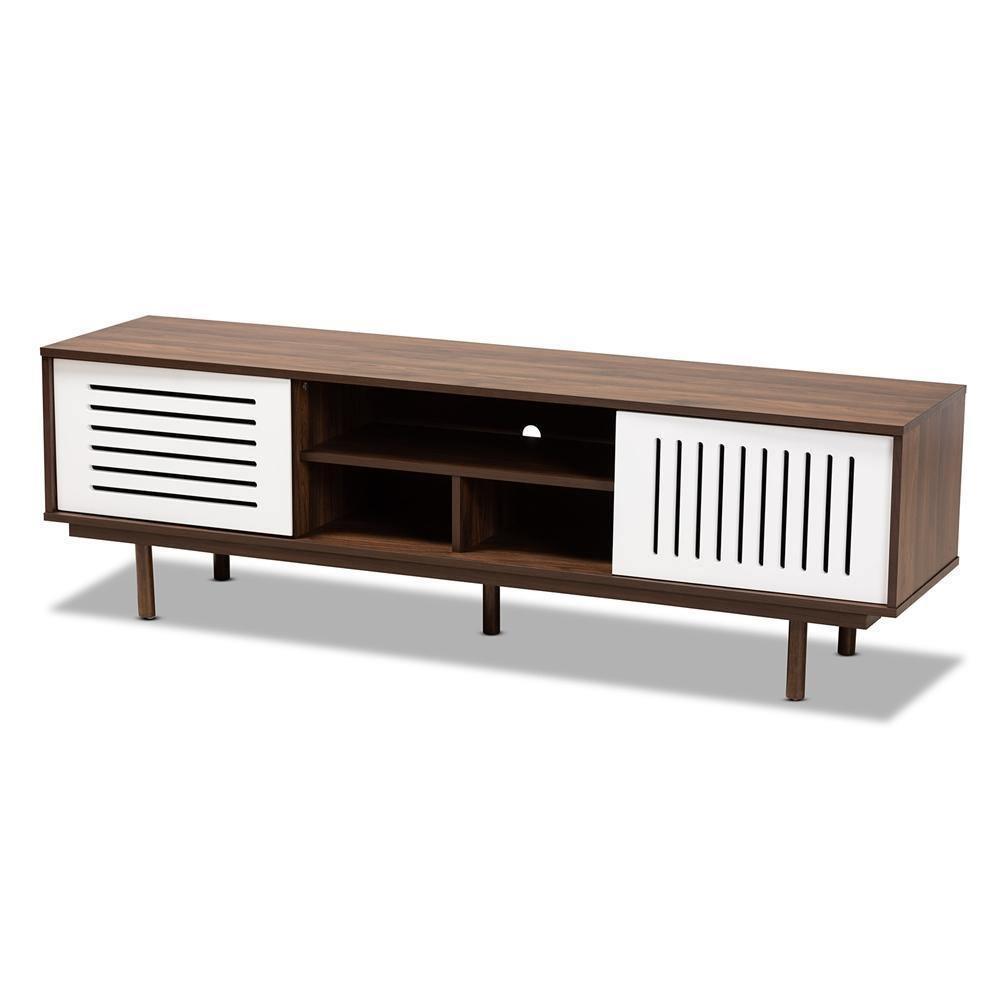 Meike Mid-Century Modern Two-Tone Walnut Brown and White Finished Wood TV Stand FredCo