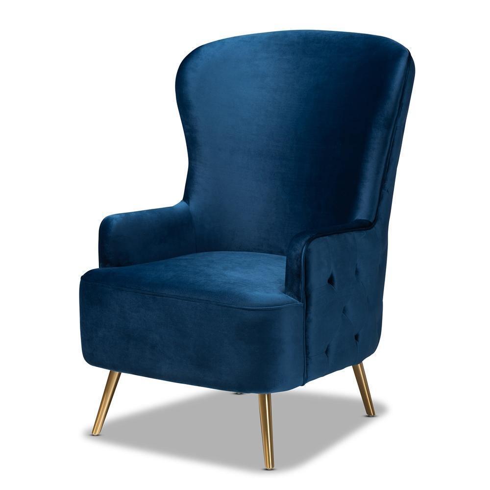 Melissa Luxe and Glam Royal Blue Velvet Fabric Upholstered and Gold Finished Living Room Accent Chair FredCo