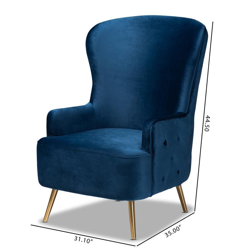 Melissa Luxe and Glam Royal Blue Velvet Fabric Upholstered and Gold Finished Living Room Accent Chair FredCo