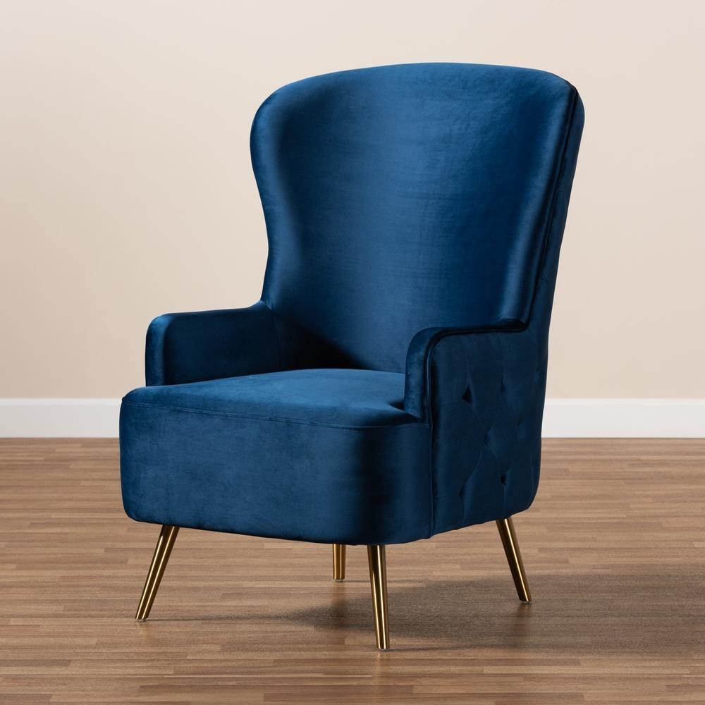 Melissa Luxe and Glam Royal Blue Velvet Fabric Upholstered and Gold Finished Living Room Accent Chair FredCo