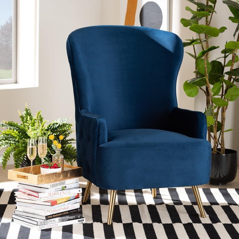 Melissa Luxe and Glam Royal Blue Velvet Fabric Upholstered and Gold Finished Living Room Accent Chair FredCo