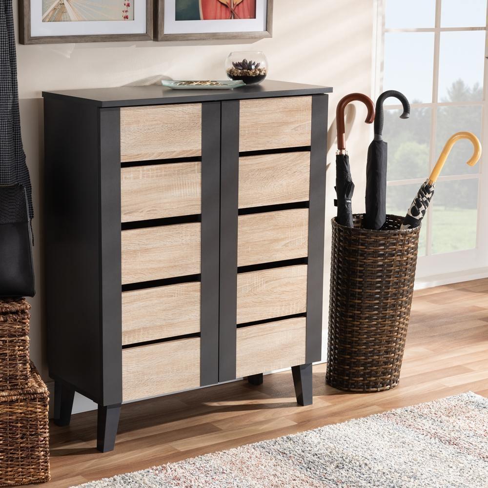 Melle Modern and Contemporary Two-Tone Oak Brown and Dark Gray 2-Door Wood Entryway Shoe Storage Cabinet FredCo