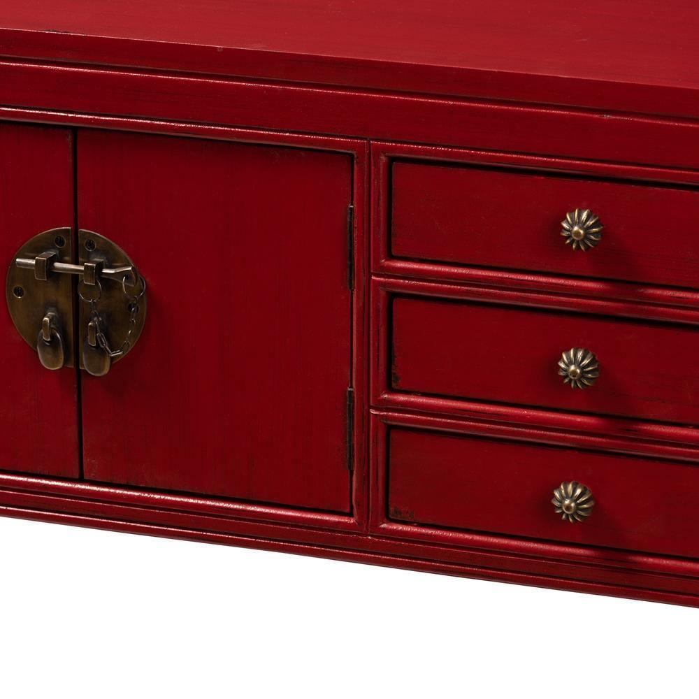 Melodie Classic and Antique Red Finished Wood Bronze Finished Accents 6-Drawer Console Table FredCo