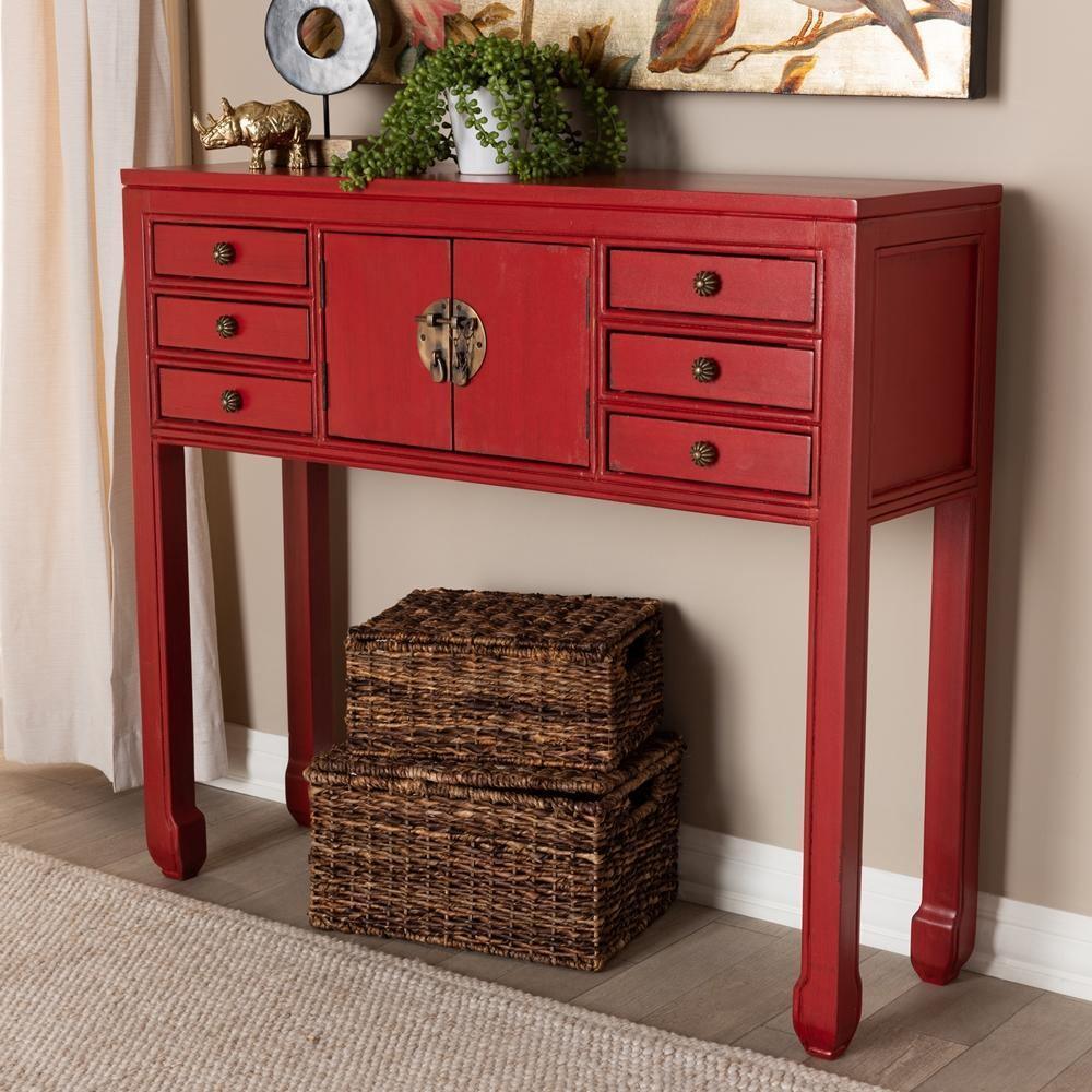 Melodie Classic and Antique Red Finished Wood Bronze Finished Accents 6-Drawer Console Table FredCo