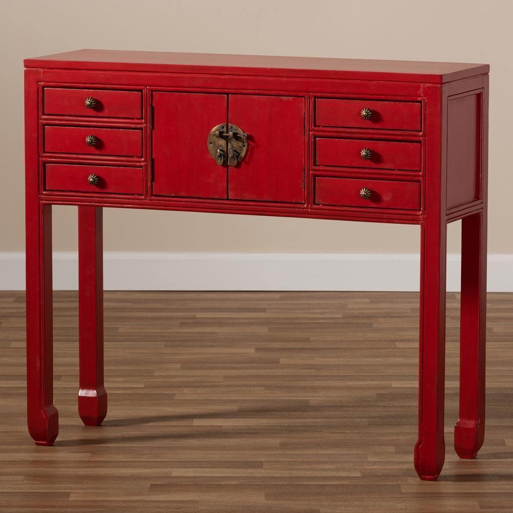 Melodie Classic and Antique Red Finished Wood Bronze Finished Accents 6-Drawer Console Table FredCo