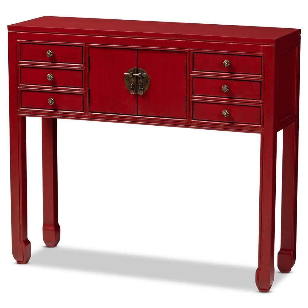 Melodie Classic and Antique Red Finished Wood Bronze Finished Accents 6-Drawer Console Table FredCo
