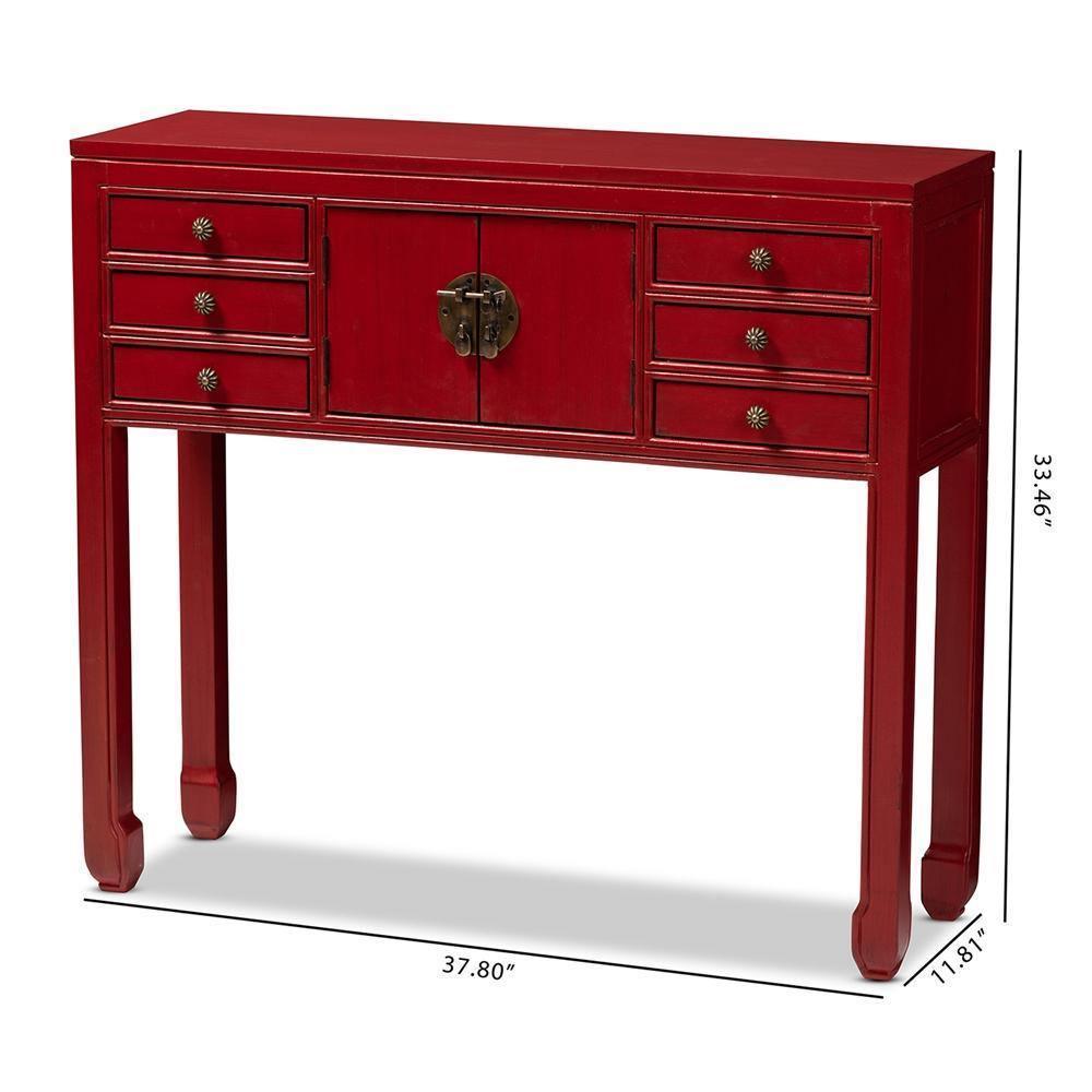 Melodie Classic and Antique Red Finished Wood Bronze Finished Accents 6-Drawer Console Table FredCo