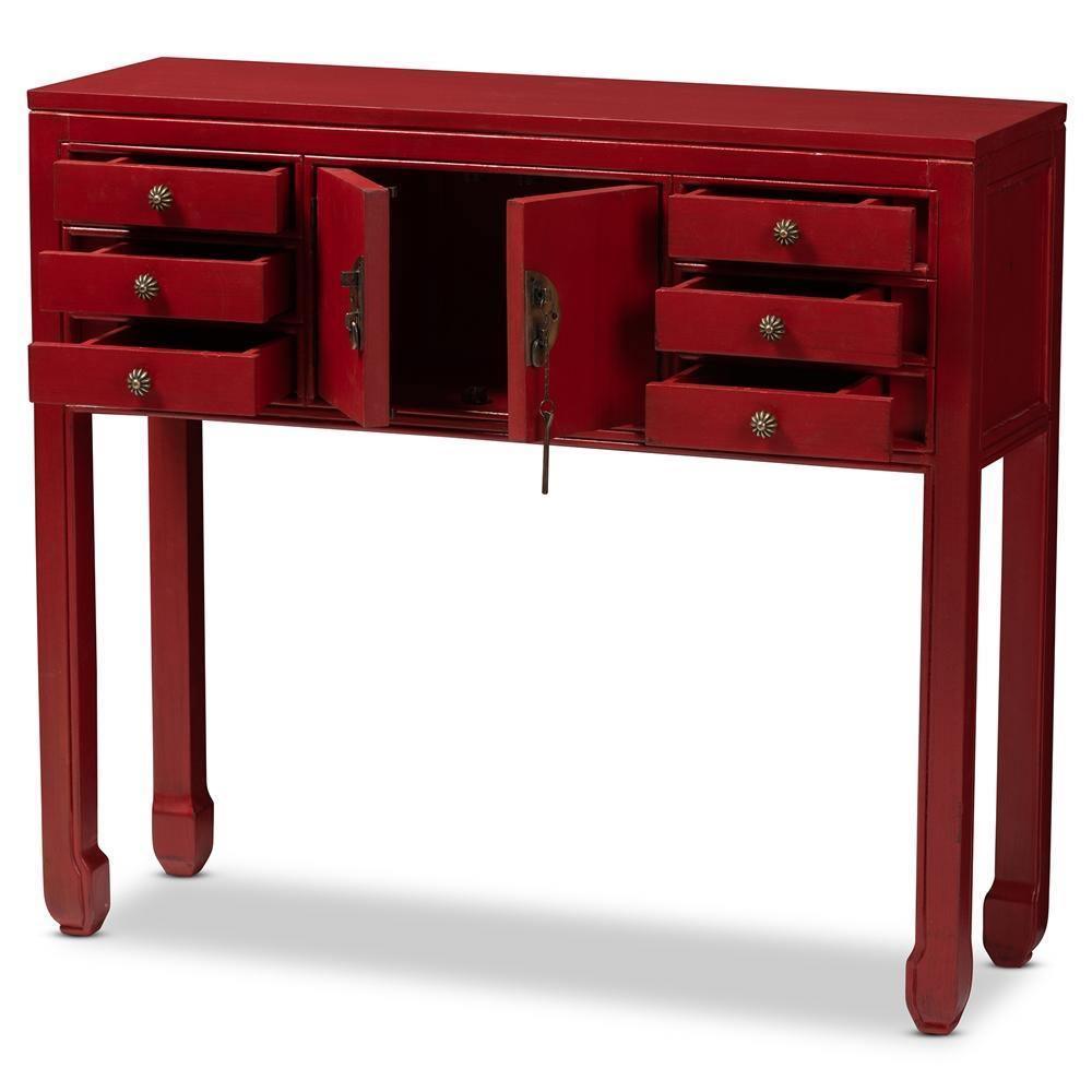 Melodie Classic and Antique Red Finished Wood Bronze Finished Accents 6-Drawer Console Table FredCo