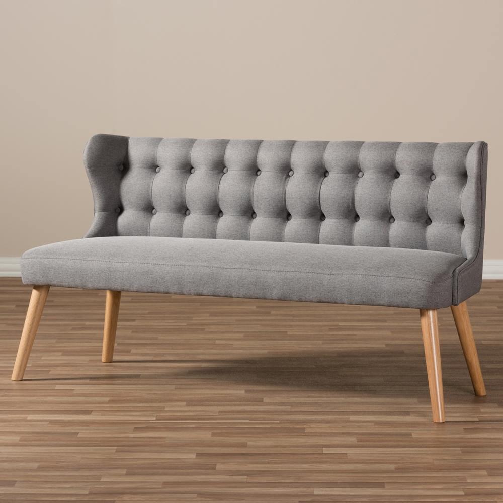Melody Mid-Century Modern Grey Fabric and Natural Wood Finishing 3-Seater Settee Bench FredCo