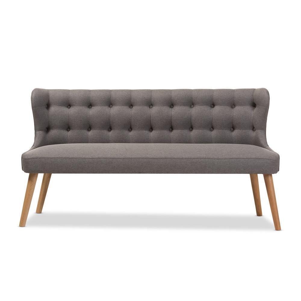 Melody Mid-Century Modern Grey Fabric and Natural Wood Finishing 3-Seater Settee Bench FredCo