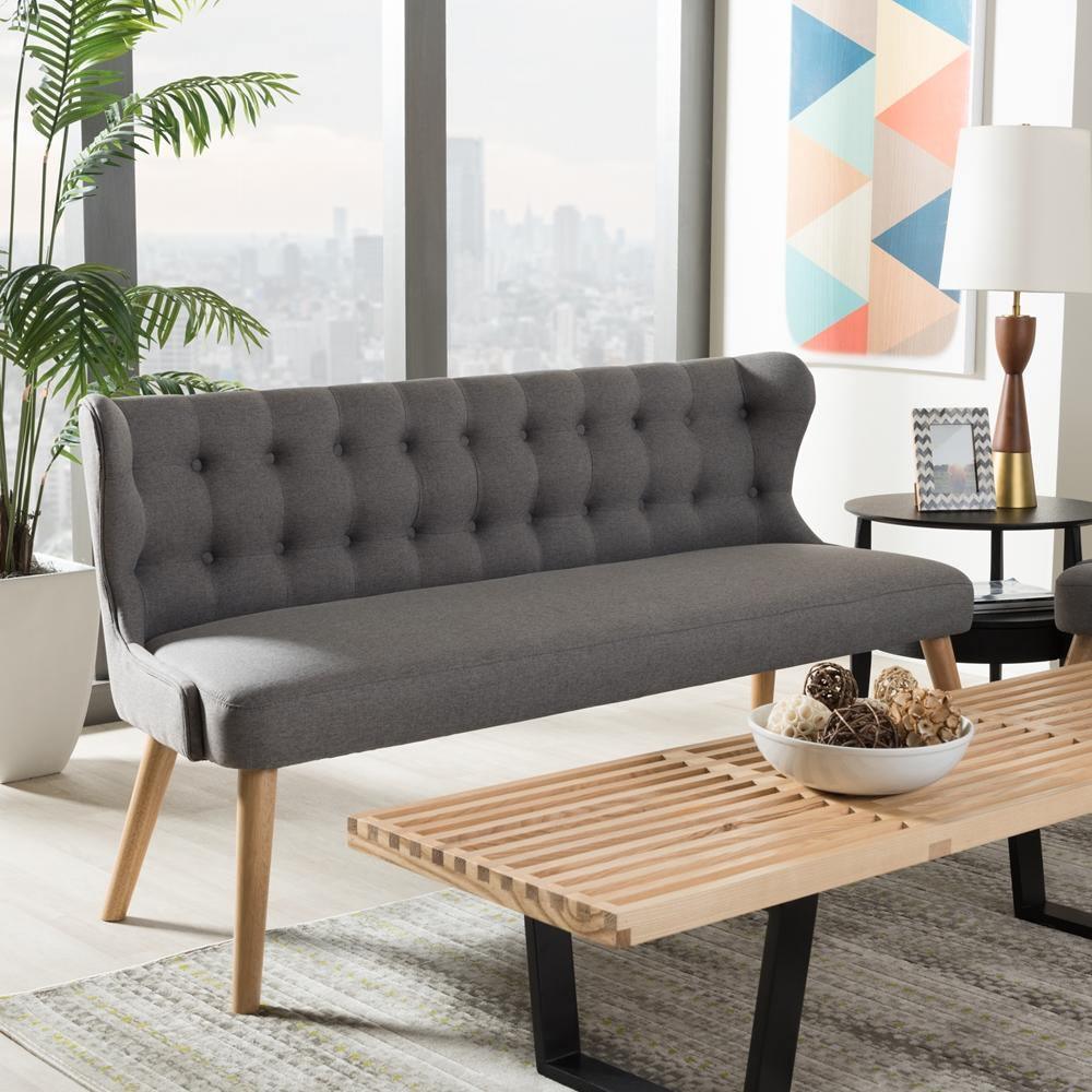 Melody Mid-Century Modern Grey Fabric and Natural Wood Finishing 3-Seater Settee Bench FredCo