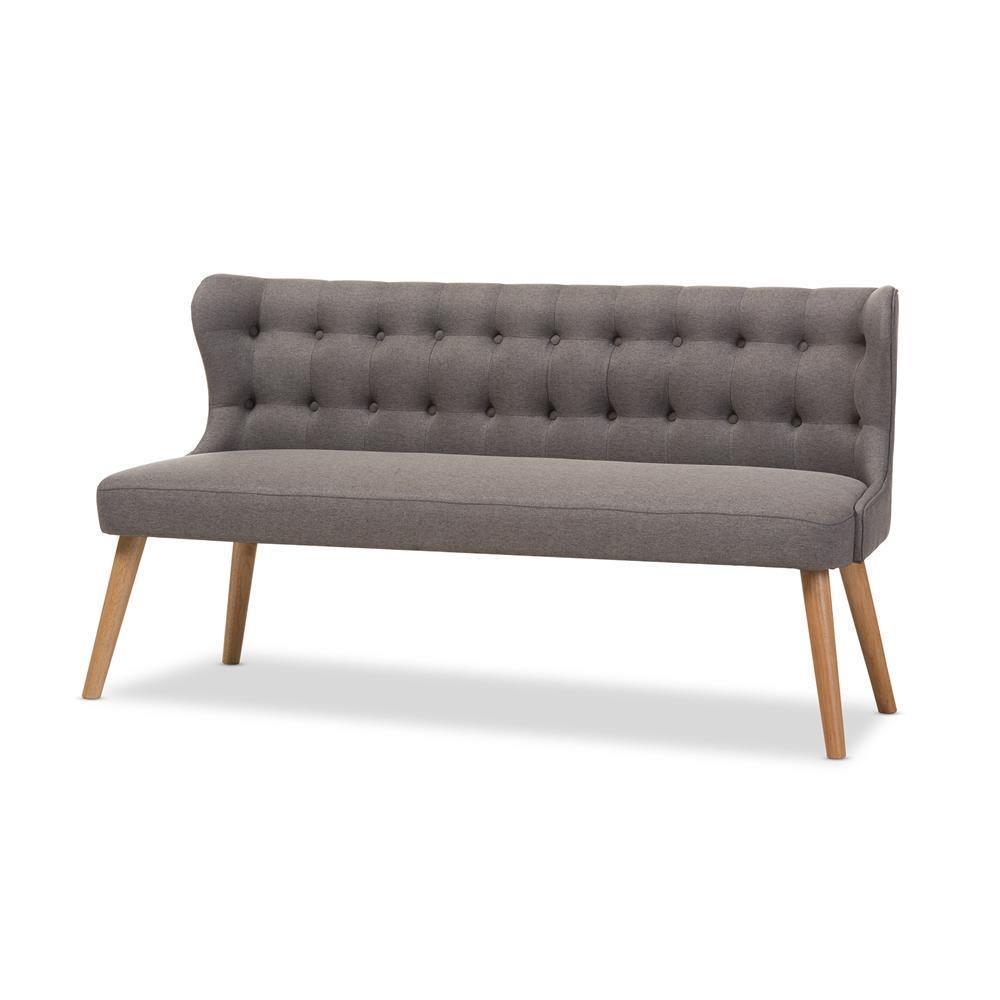 Melody Mid-Century Modern Grey Fabric and Natural Wood Finishing 3-Seater Settee Bench FredCo