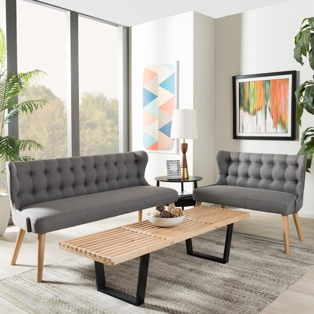 Melody Mid-Century Modern Natural Wood Finishing Grey Fabric 2-Piece Settee Set FredCo