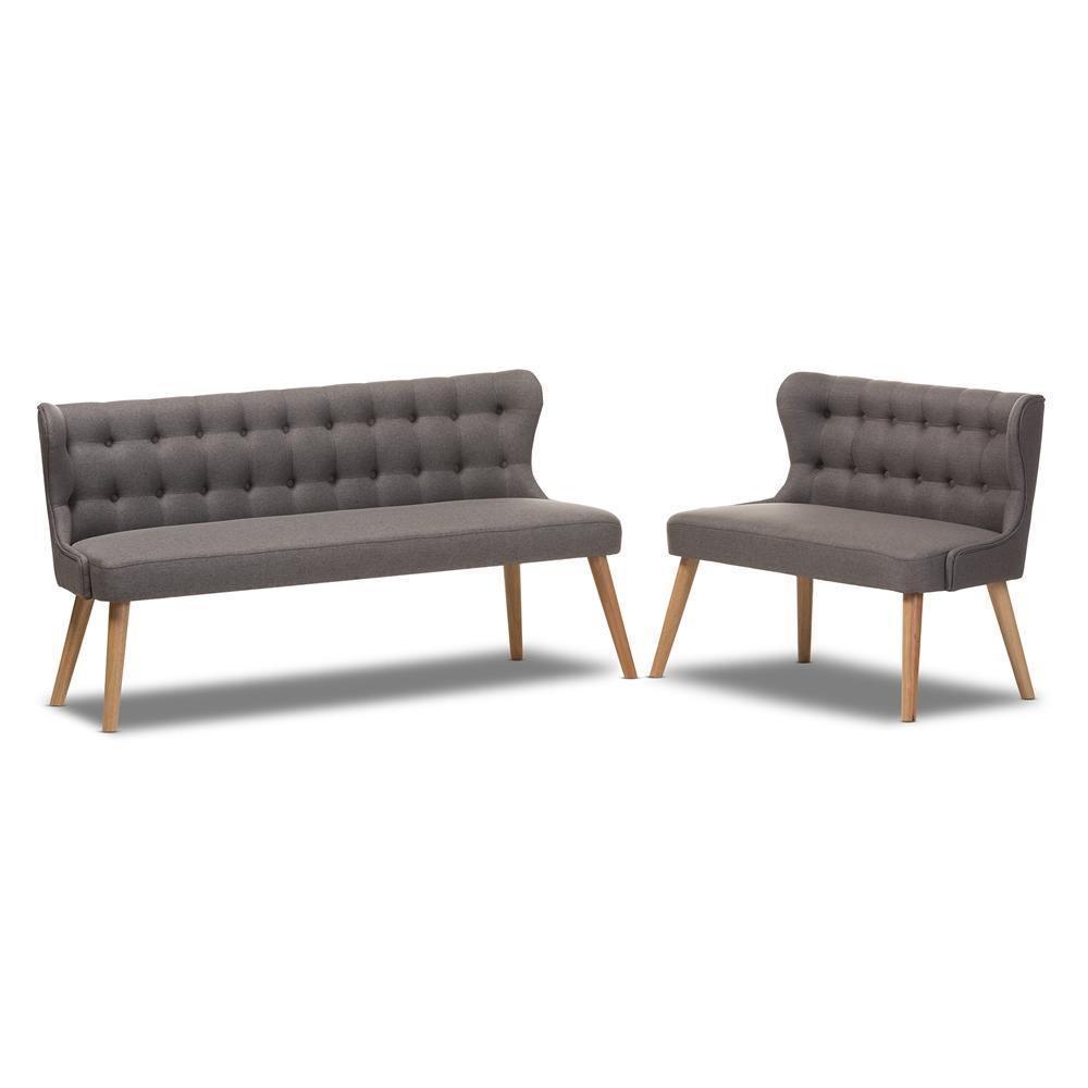 Melody Mid-Century Modern Natural Wood Finishing Grey Fabric 2-Piece Settee Set FredCo
