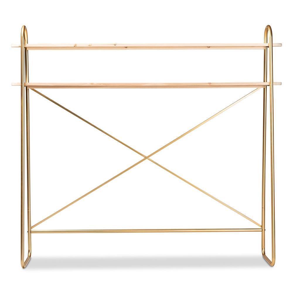 Merida Glam and Luxe Brushed Gold Finished Metal and Natural Brown Finished Wood 2-Tier Over Bed Queen Size Storage Display Shelf FredCo
