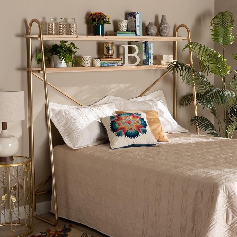 Merida Glam and Luxe Brushed Gold Finished Metal and Natural Brown Finished Wood 2-Tier Over Bed Queen Size Storage Display Shelf FredCo