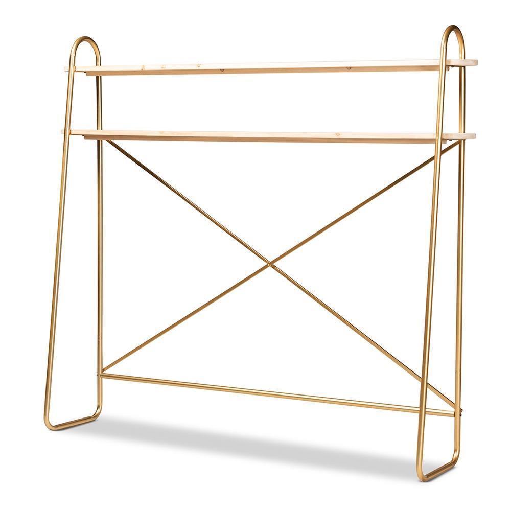 Merida Glam and Luxe Brushed Gold Finished Metal and Natural Brown Finished Wood 2-Tier Over Bed Queen Size Storage Display Shelf FredCo
