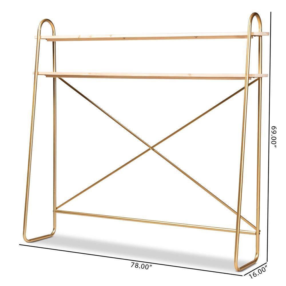 Merida Glam and Luxe Brushed Gold Finished Metal and Natural Brown Finished Wood 2-Tier Over Bed Queen Size Storage Display Shelf FredCo