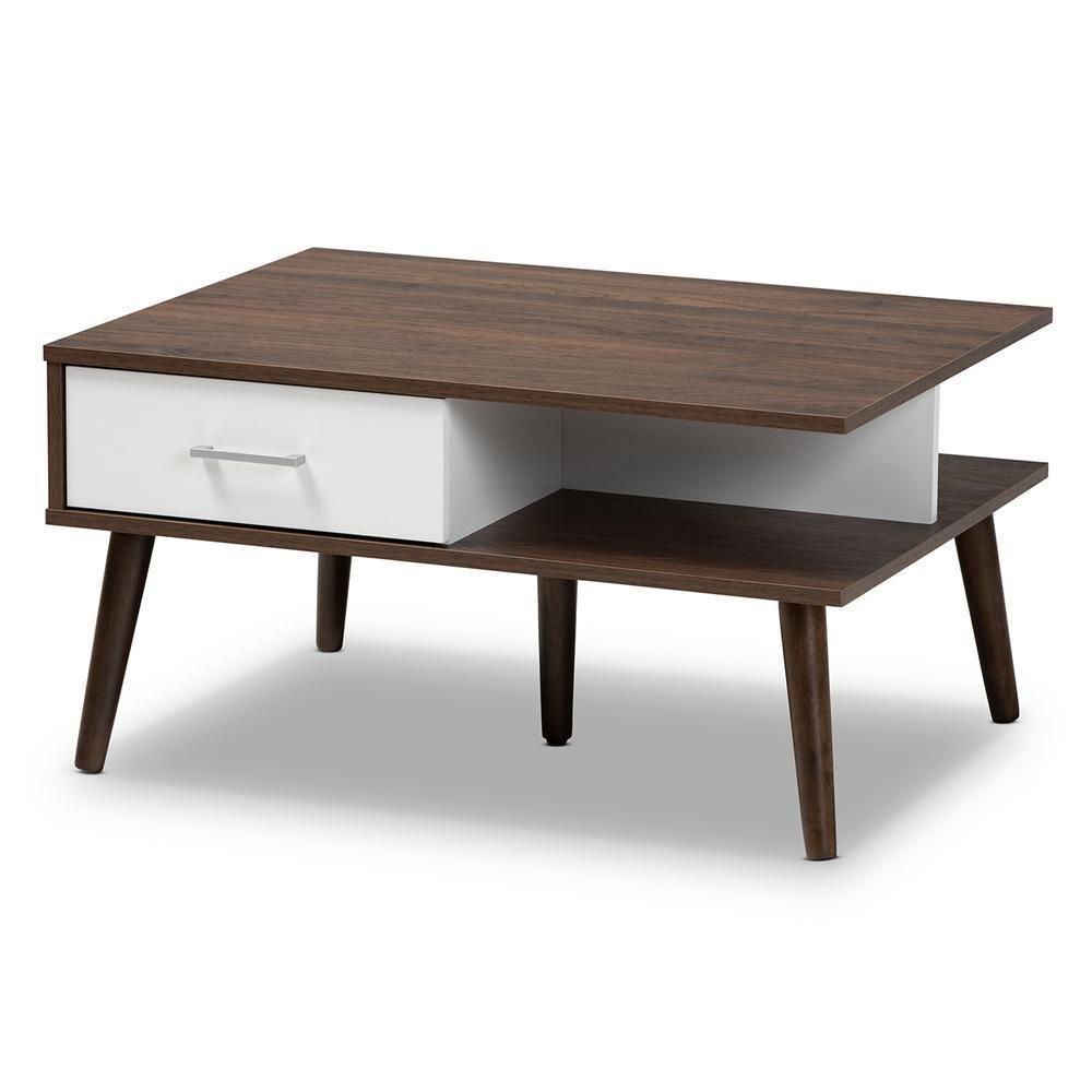 Merlin Mid-Century Modern Two-Tone Walnut and White Finished 2-Drawer Wood Coffee Table FredCo