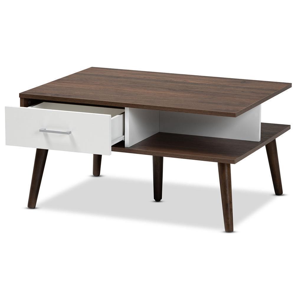 Merlin Mid-Century Modern Two-Tone Walnut and White Finished 2-Drawer Wood Coffee Table FredCo