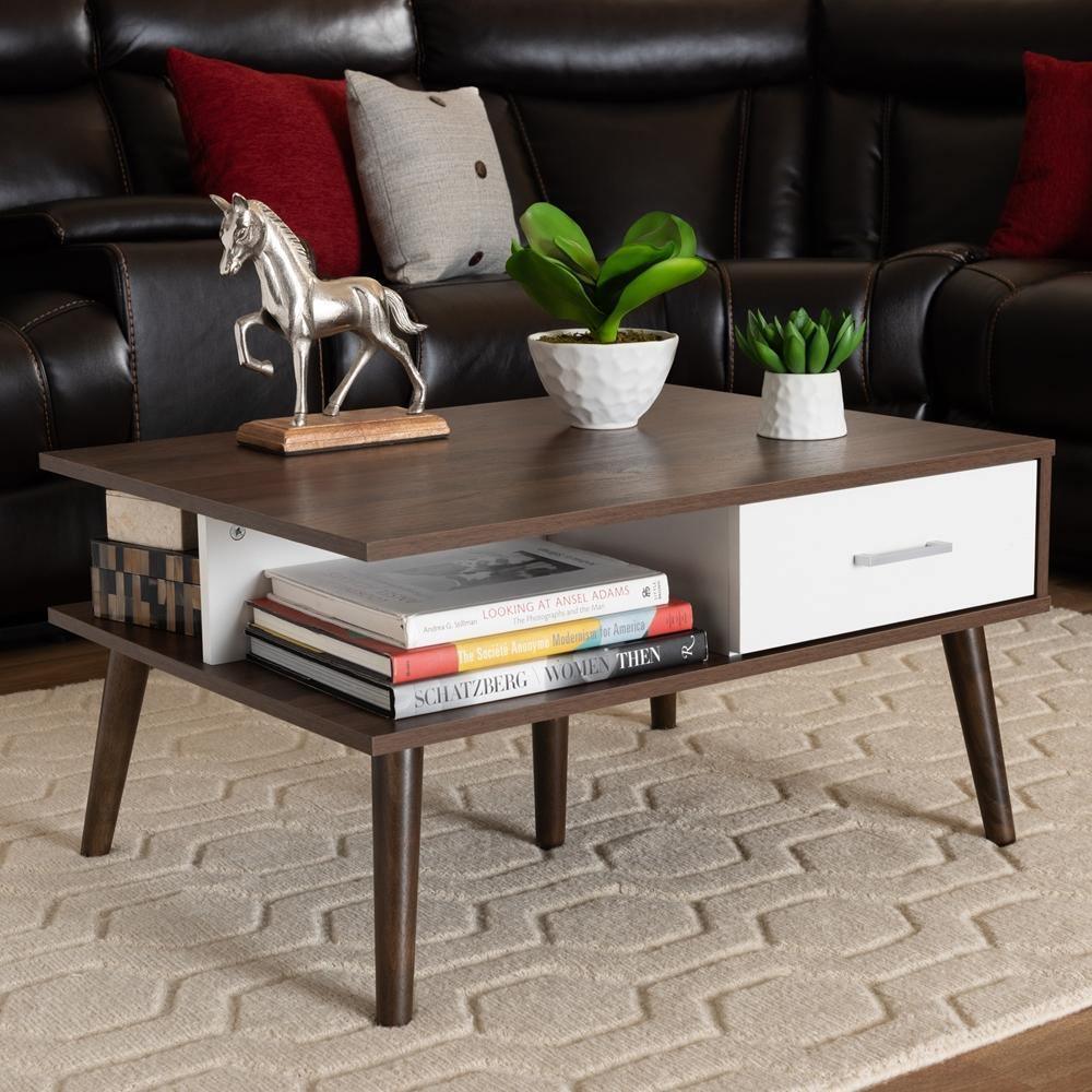 Merlin Mid-Century Modern Two-Tone Walnut and White Finished 2-Drawer Wood Coffee Table FredCo