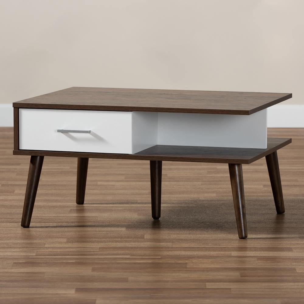 Merlin Mid-Century Modern Two-Tone Walnut and White Finished 2-Drawer Wood Coffee Table FredCo