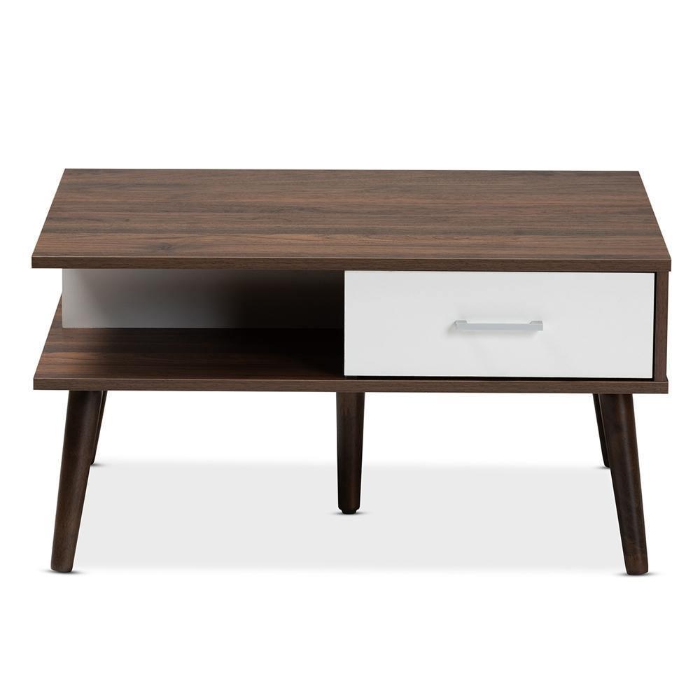 Merlin Mid-Century Modern Two-Tone Walnut and White Finished 2-Drawer Wood Coffee Table FredCo