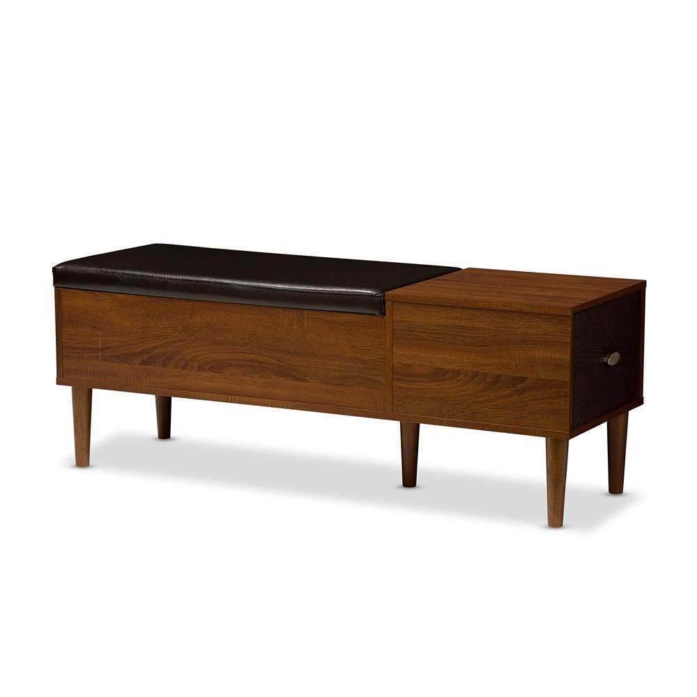 Merrick Mid-century Retro Modern 1-drawer 2-tone Oak and Dark Brown Wood Entryway Storage Cushioned Bench Shoe Rack Cabinet Organizer FredCo