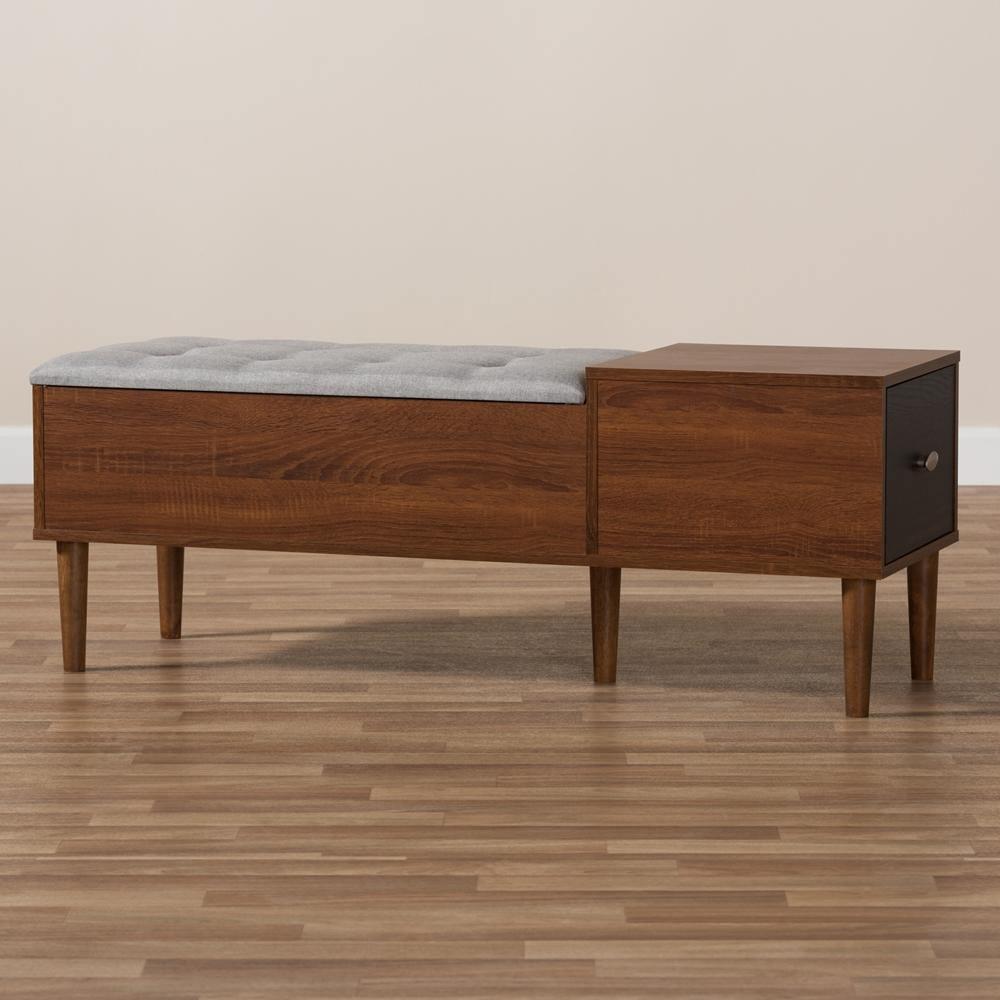 Merrick Mid-century Retro Modern 1-drawer Oak and Dark Brown Wood Entryway Storage Grey Bench Shoe Rack Cabinet FredCo