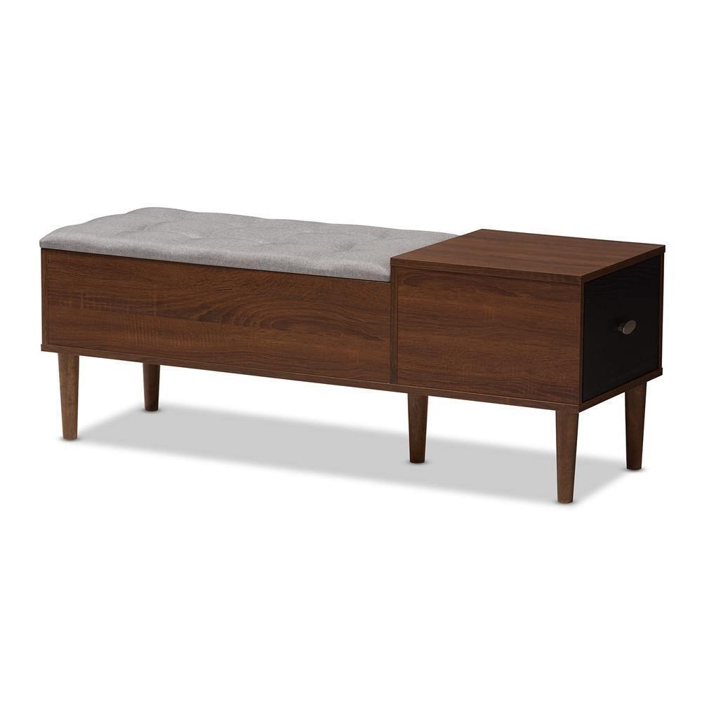 Merrick Mid-century Retro Modern 1-drawer Oak and Dark Brown Wood Entryway Storage Grey Bench Shoe Rack Cabinet FredCo