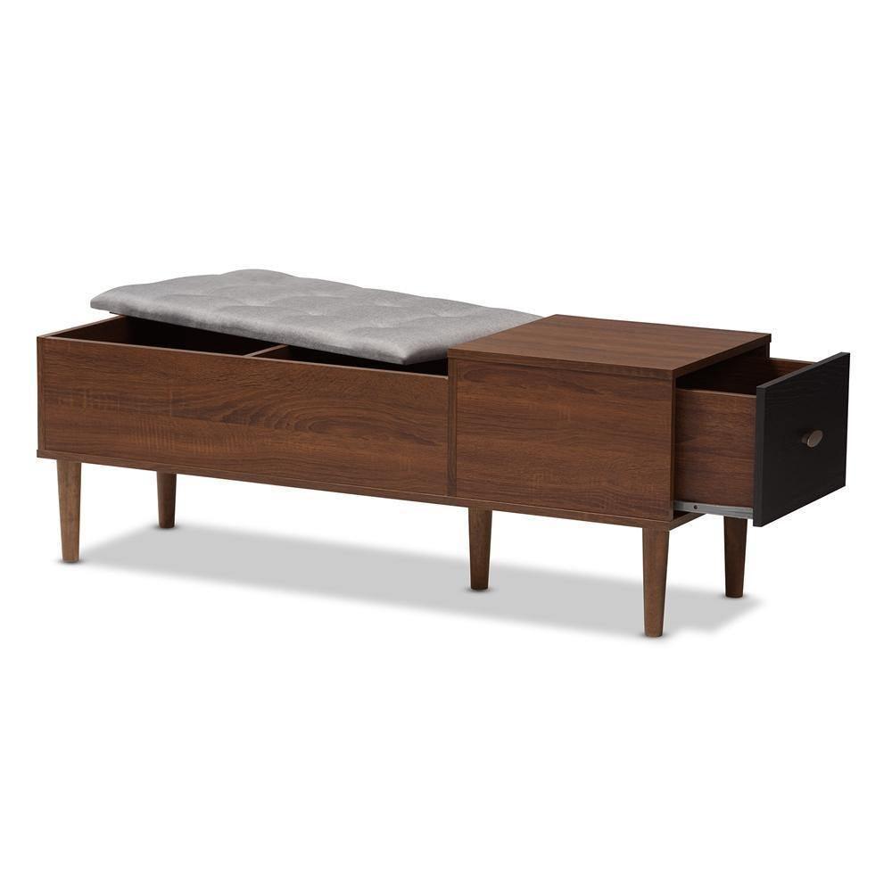 Merrick Mid-century Retro Modern 1-drawer Oak and Dark Brown Wood Entryway Storage Grey Bench Shoe Rack Cabinet FredCo