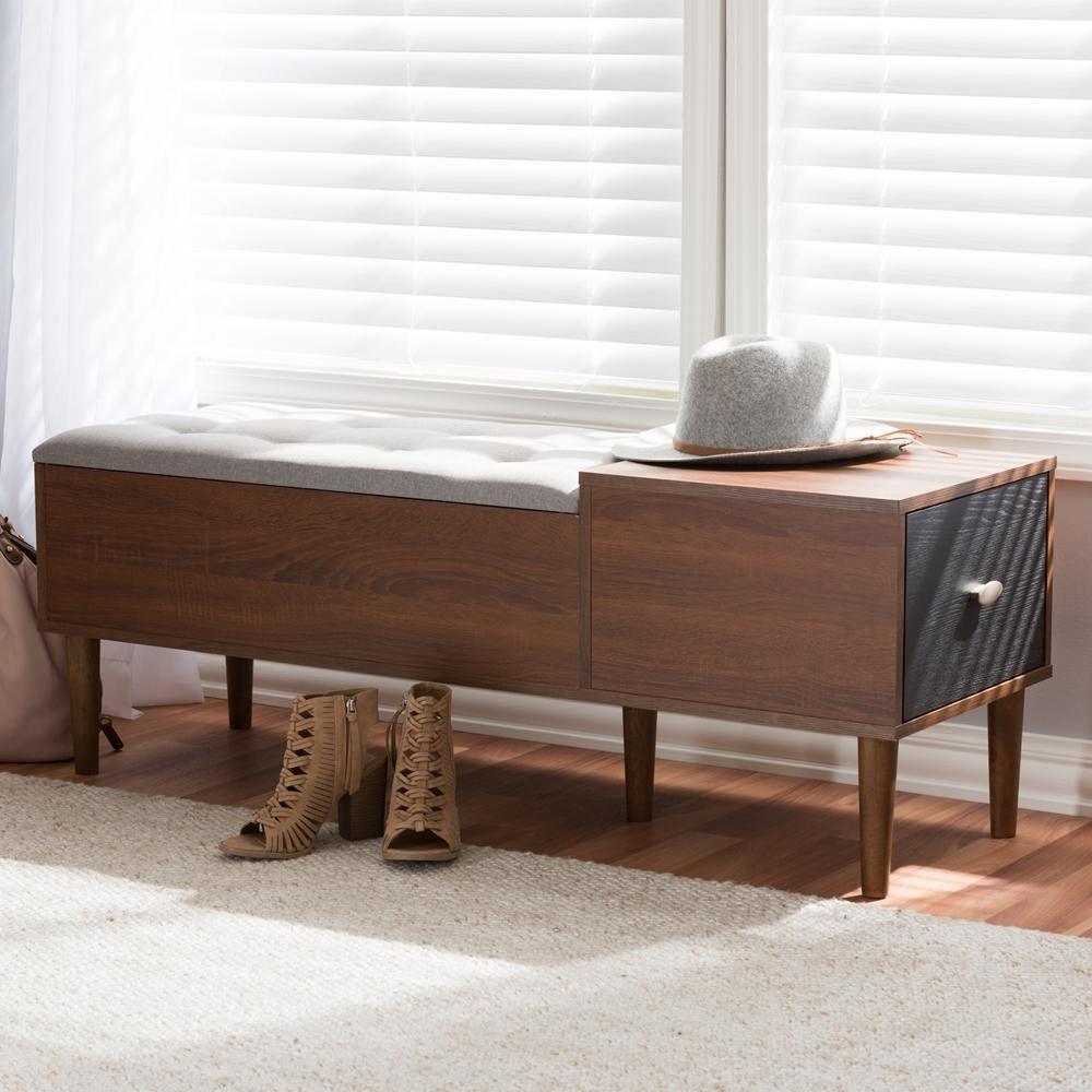 Merrick Mid-century Retro Modern 1-drawer Oak and Dark Brown Wood Entryway Storage Grey Bench Shoe Rack Cabinet FredCo