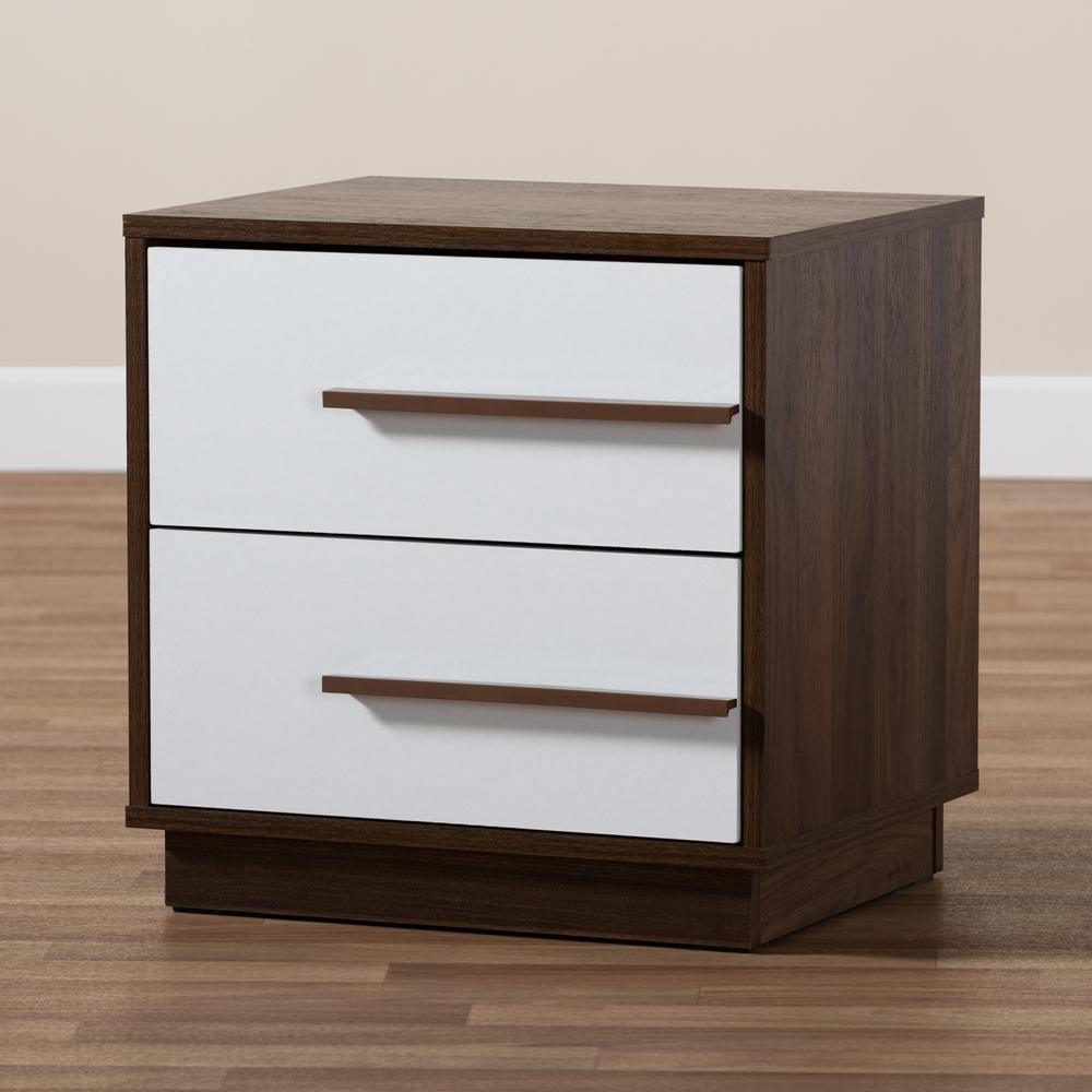 Mette Mid-Century Modern Two-Tone White and Walnut Finished 2-Drawer Wood Nightstand FredCo