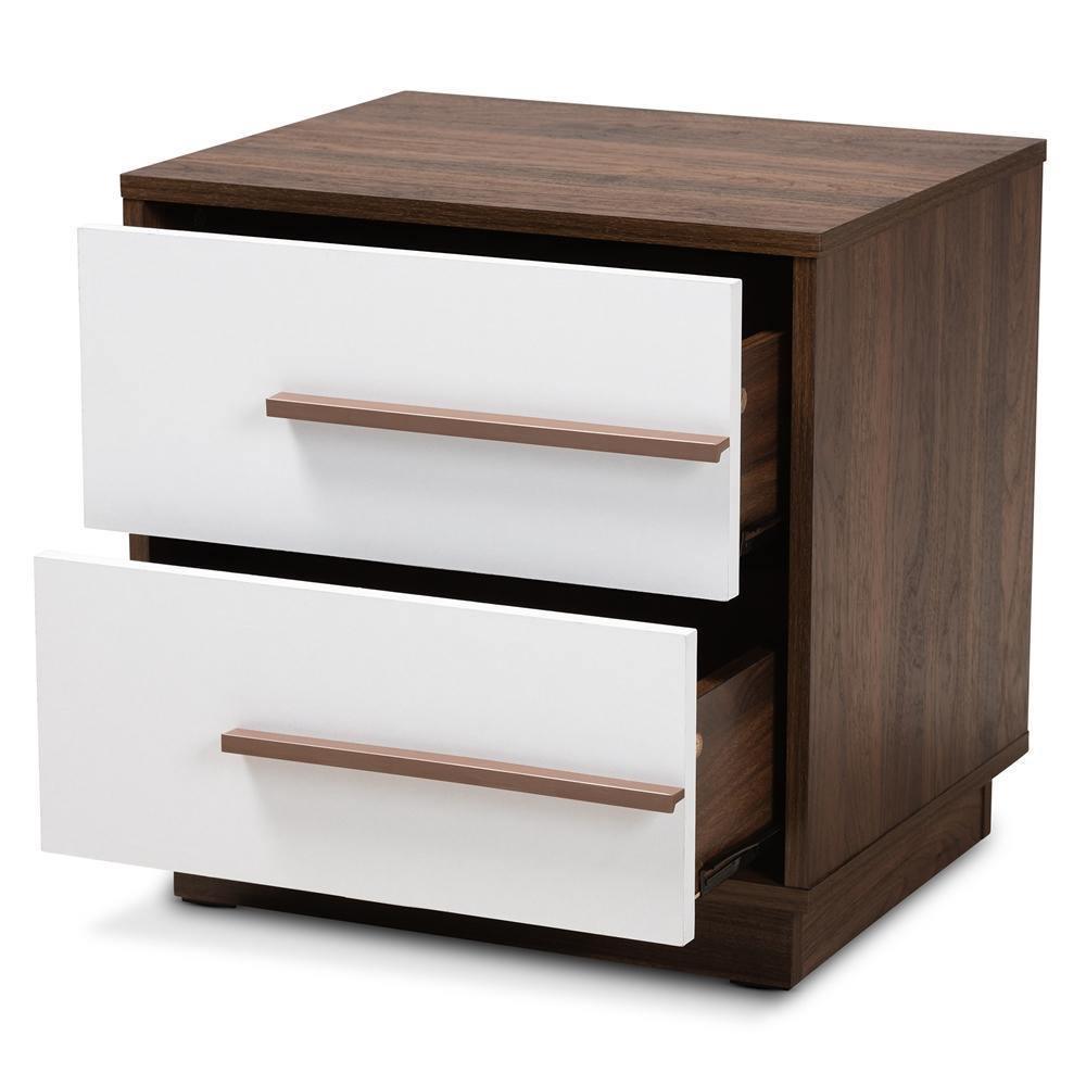 Mette Mid-Century Modern Two-Tone White and Walnut Finished 2-Drawer Wood Nightstand FredCo