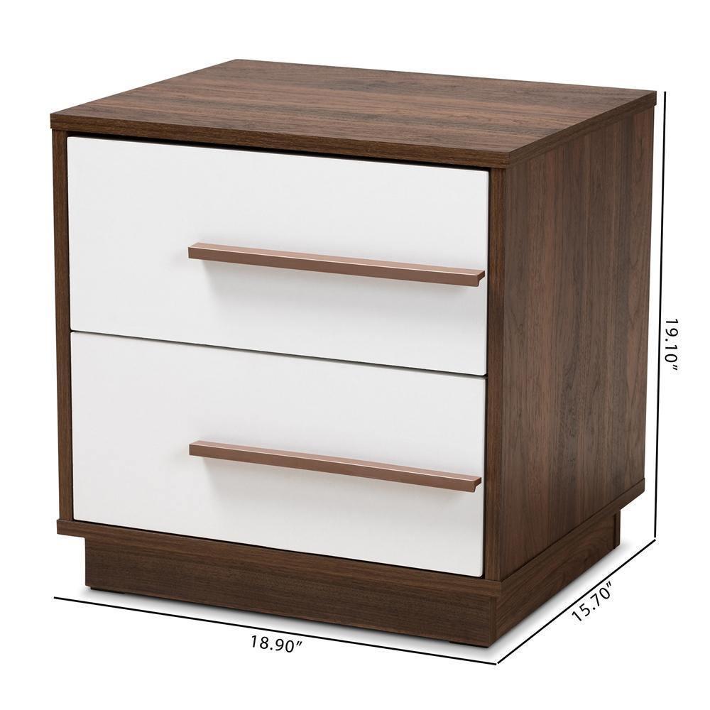 Mette Mid-Century Modern Two-Tone White and Walnut Finished 2-Drawer Wood Nightstand FredCo