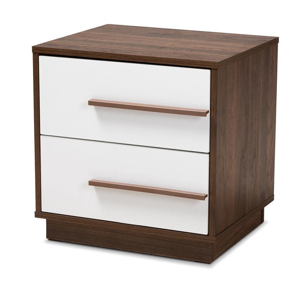 Mette Mid-Century Modern Two-Tone White and Walnut Finished 2-Drawer Wood Nightstand FredCo