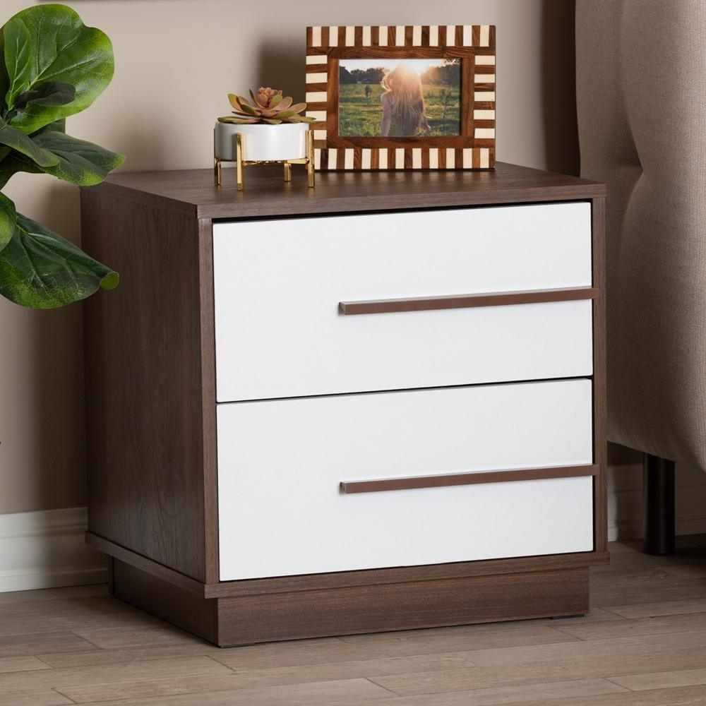 Mette Mid-Century Modern Two-Tone White and Walnut Finished 2-Drawer Wood Nightstand FredCo
