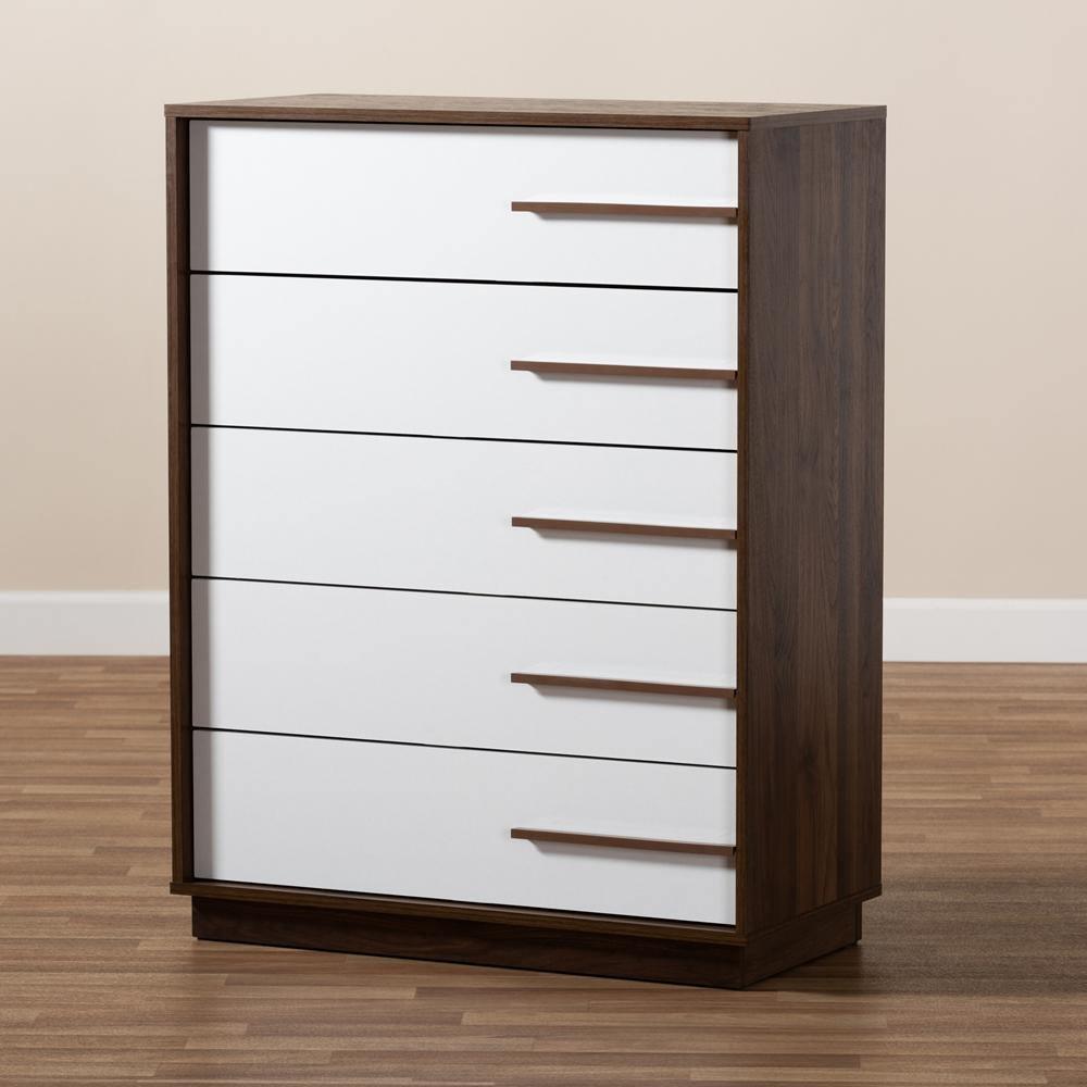 Mette Mid-Century Modern Two-Tone White and Walnut Finished 5-Drawer Wood Chest FredCo